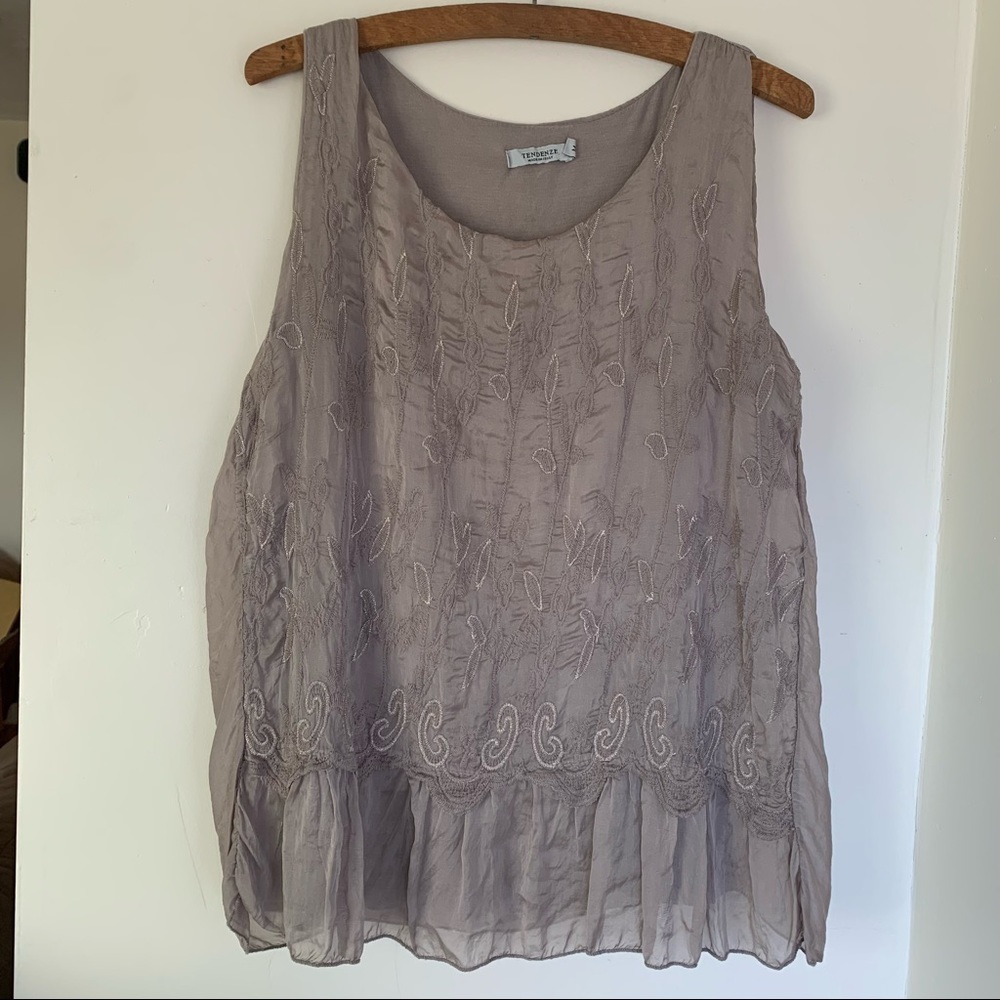 Embroidered silk blend relaxed tank